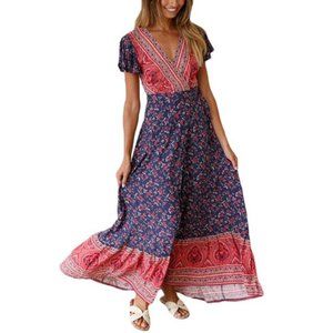 Boho V-Neck Vintage Floral Wrap Sundress/Kimono, S